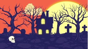 Spooky Halloween Night Cartoon Animation Haunted House, Cemetery, Skull, Bat and Giant Full Moon - Powered by Shutterstock - Get 15% off with code: PIKWIZARD15