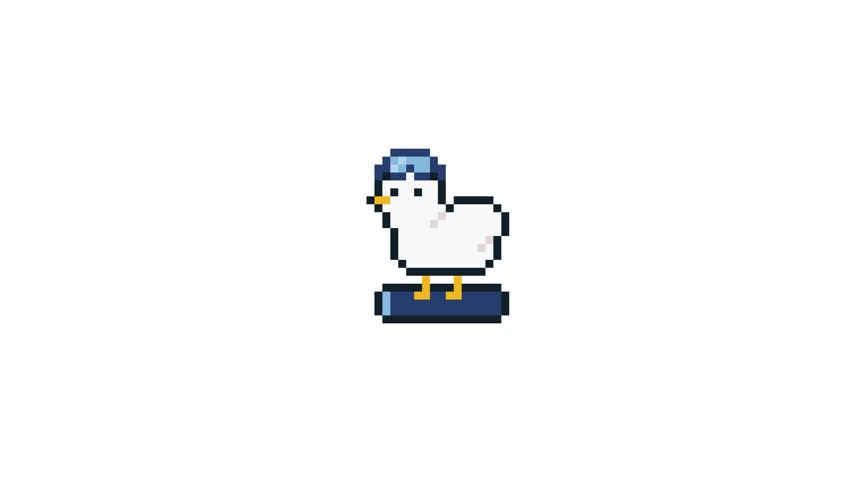 8-bit pixel art duck snowboard. winter sports animation. looped animation 4k 30fps