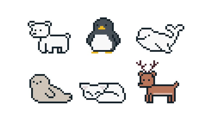 8-bit pixel art arctic animal character set. looped animation 4k 30fps