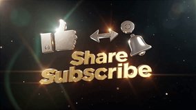 Cinematic 3D animation of gold-silver Like, Share, Subscribe, and Bell icons. Dynamic motion on a dark background with lens flares and particles. A modern call to action. - Powered by Shutterstock - Get 15% off with code: PIKWIZARD15
