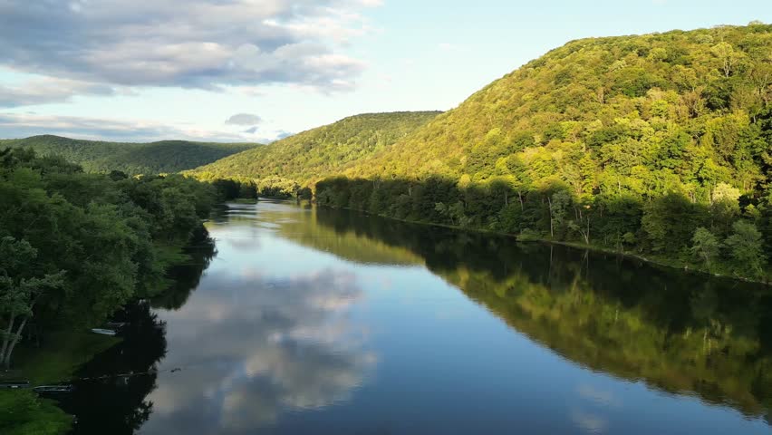 An aerial view of the Allegheny River in Warren County, Pennsylvania, USA on a sunny summer day