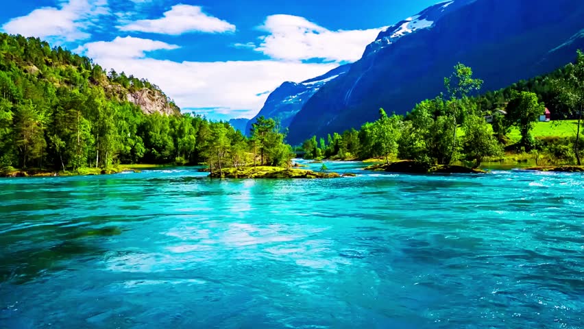 a stunning landscape featuring a vibrant blue river flowing through a lush green valley, with majestic mountains in the background. A perfect travel destination!
