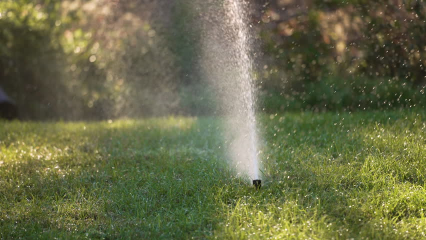 Lawn grass watering with automated sprinkler irrigation system.
