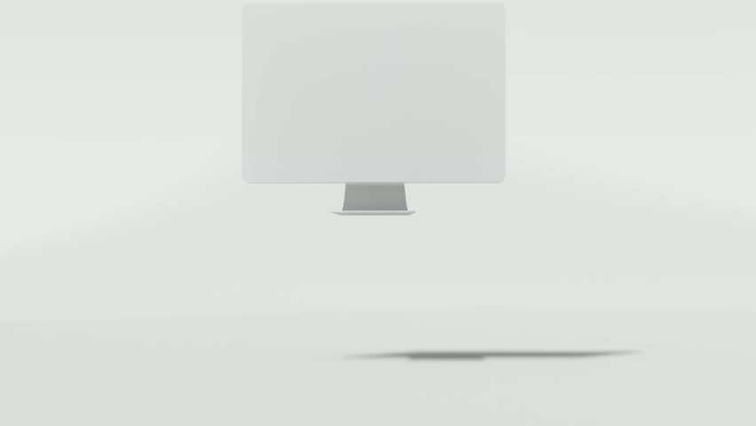 This animation features a minimalist desktop computer mockup in a clean white studio. Perfect for showcasing website design, app interfaces, advertising content, or product presentations. The