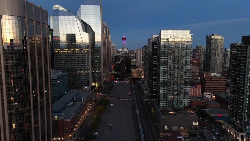 Aerial view of skyscrapers on the west end of downtown at night in Calgary, Alberta