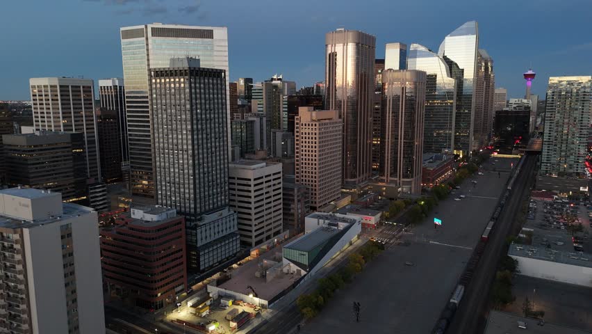 Aerial view of skyscrapers on the west end of downtown at night in Calgary, Alberta
