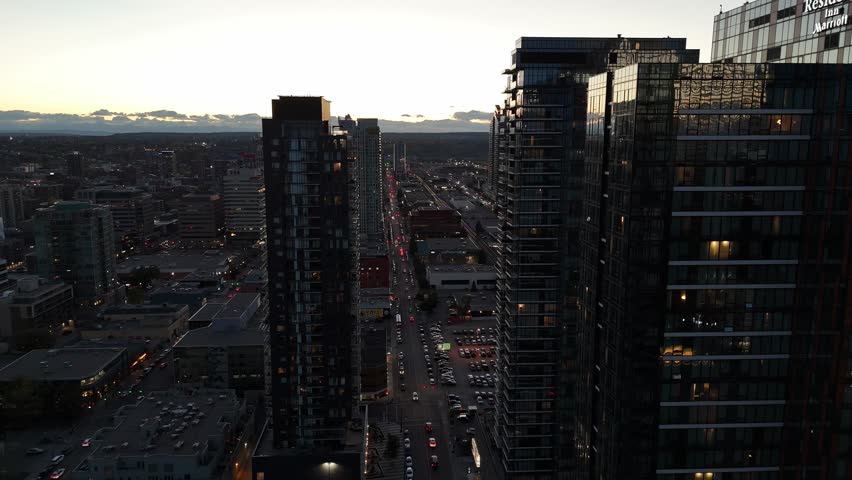 Aerial view of skyscrapers on the west end of downtown at night in Calgary, Alberta
