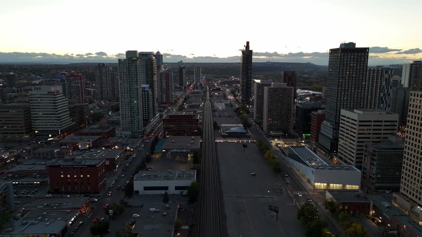 Aerial view of skyscrapers on the west end of downtown at night in Calgary, Alberta