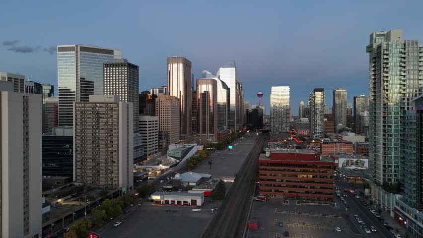 Aerial view of skyscrapers on the west end of downtown at night in Calgary, Alberta