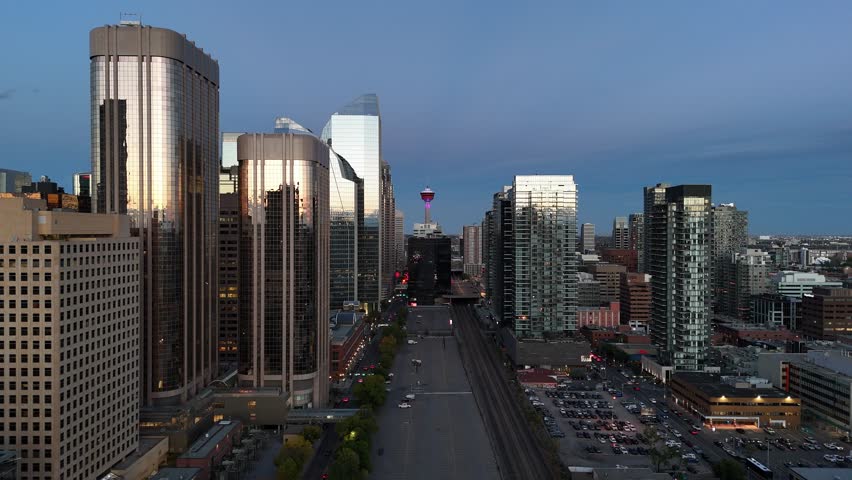 Aerial view of skyscrapers on the west end of downtown at night in Calgary, Alberta