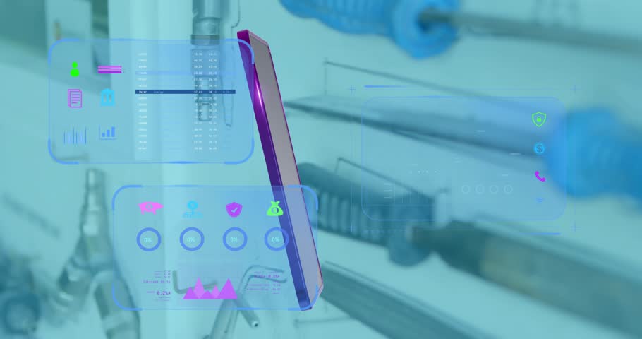 Hovering purple smartphone causing UI sliding, rotating around metal panel and blue cable for demo. Technology, innovation, digital interface, electronic device, data visualization, hardware testing,