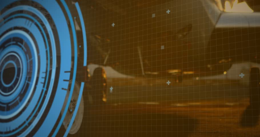 Scene opening grid backdrop blue HUD ring pulsing, code fading, engine rotating showing integration. Technology, futuristic, animation, engineering, digital, innovation, mechanical