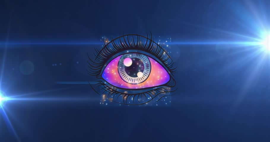 On start stylized eye shifting backdrop colors and iris then sparkles emerging showing cosmic theme. Illustration, abstract, vibrant, futuristic, digital, celestial, glamour