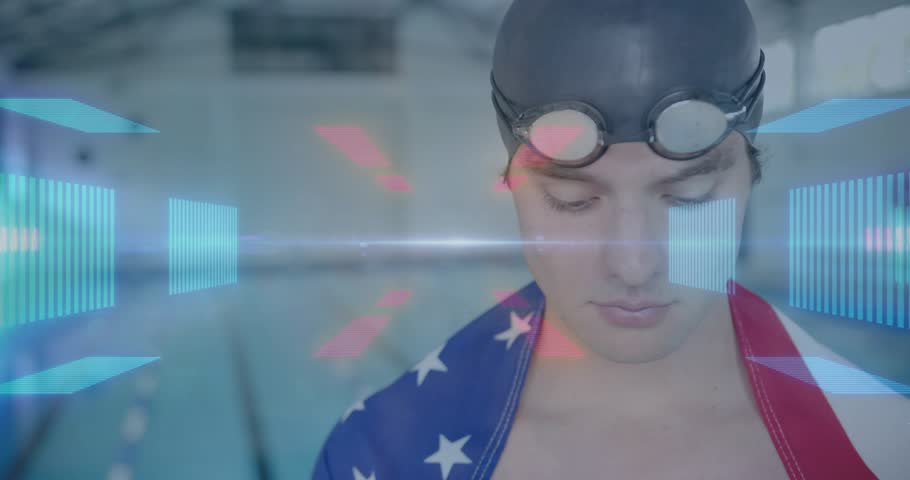 Swimmer lowering gaze inside pool activating holographic face scanning and analyzing performance. Futuristic, digital, resilience, introspection, technology, athletic, minimalist