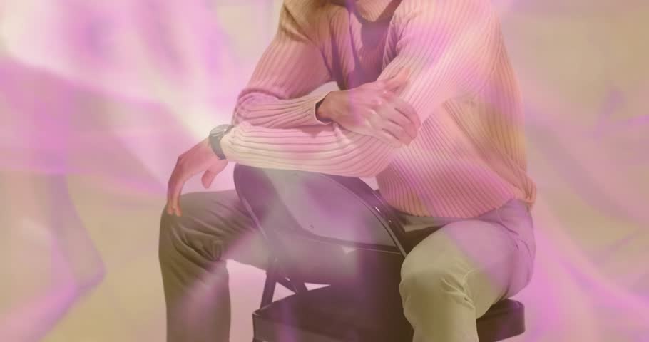 Violet pink light washing over model triggers lifting chin, sliding sunglasses showcasing fashion. Portrait, fashion, ambient, minimalism, elegance, innovation, sophistication