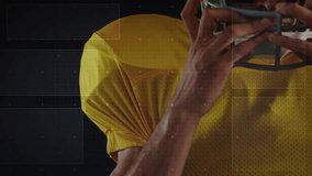 Male athlete lifting helmet toward chin securing strap with digital HUD showing sports technology. Athlete, gear, protection, performance, innovation, training, digital - Powered by Shutterstock - Get 15% off with code: PIKWIZARD15