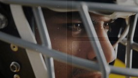 Streaming code overlays flickering around helmet initiating sport tech analysis of focused athlete. Cybersecurity, innovation, hi-tech, athleticism, futurism, data visualization, digital interface - Powered by Shutterstock - Get 15% off with code: PIKWIZARD15