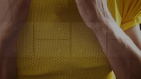 Athlete adjusting helmet chin strap after digital HUD overlays appearing on yellow jersey in sports. Athlete, sports, gear, equipment, innovation, technology, focus - Powered by Shutterstock - Get 15% off with code: PIKWIZARD15