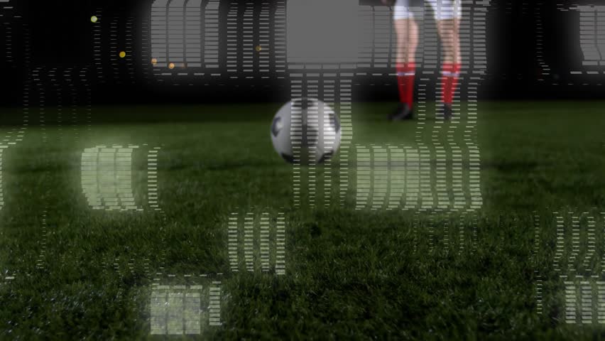Soccer player tapping, dribbling and striking ball initiating data overlays for tech analytics. Sports, analytics, technology, athleticism, training, competition, digital interface - Powered by Shutterstock - Get 15% off with code: PIKWIZARD15