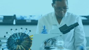 Positioning microscope and lifting pipette, lab scientist conducting analysis with data overlays. Research, innovation, technology, precision, diagnostics, science, experimentation - Powered by Shutterstock - Get 15% off with code: PIKWIZARD15