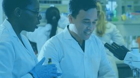 Two scientists positioning sample under lab microscope, adjusting knob as bar and pie charts emerging. Research, innovation, quantitative, experimentation, technology, analysis, collaboration - Powered by Shutterstock - Get 15% off with code: PIKWIZARD15