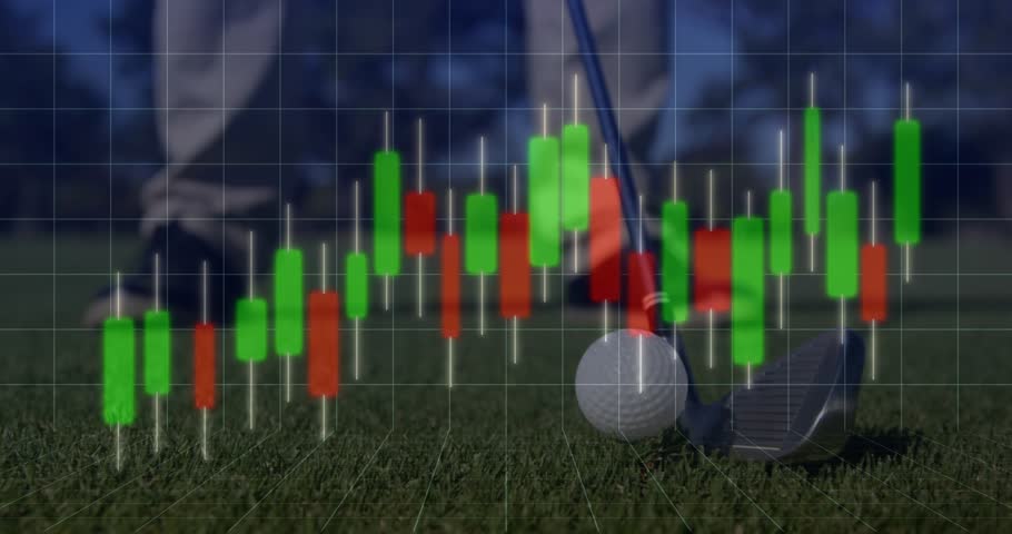 Golfer shifting club at putting stance while grid overlay appearing and chart showing market trends. Sports, finance, trading, analysis, market, technology, outdoor