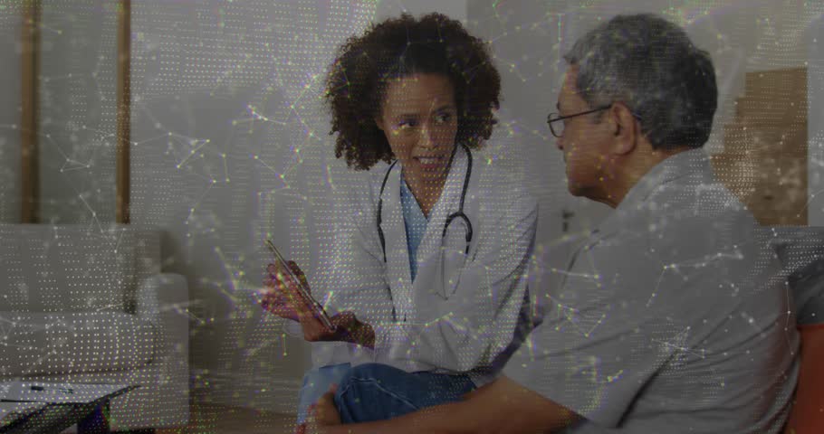 Female doctor tapping tablet educating patient network icons linking monitor laptop smartphone. Telehealth, communication, digital, connectivity, healthcare, technology, support