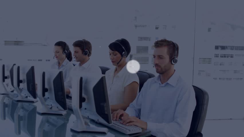 Supervisor pointing at call-center agents typing as animated phone or music icons showing connectivity. Collaboration, networking, communication, teamwork, digital, technology, workspace - Powered by Shutterstock - Get 15% off with code: PIKWIZARD15