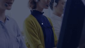 Call-center agents speaking into headsets generating growing network of user and cloud icons. Collaboration, connectivity, modern, professional, technology, digital, communication - Powered by Shutterstock - Get 15% off with code: PIKWIZARD15