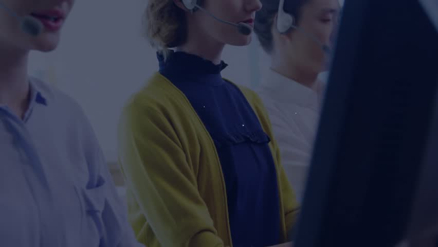 Call center agents speaking into headsets activating network overlay growing around monitors. Collaboration, connectivity, technology, teamwork, innovation, communication, network - Powered by Shutterstock - Get 15% off with code: PIKWIZARD15