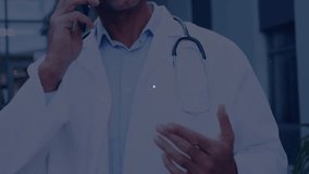Doctor raising smartphone and speaking outside medical clinic, network icons expanding across scene. Healthcare, communication, digital, connectivity, technology, professionalism, innovation - Powered by Shutterstock - Get 15% off with code: PIKWIZARD15