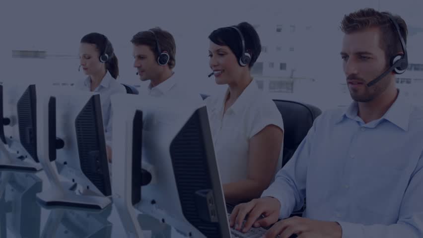 Call center agents on calls as agent moving mic, initiating expanding UI visuals showing network. Collaboration, communication, technology, productivity, data visualization, modern, professional - Powered by Shutterstock - Get 15% off with code: PIKWIZARD15
