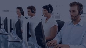 Call center agents on calls as agent moving mic, initiating expanding UI visuals showing network. Collaboration, communication, technology, productivity, data visualization, modern, professional - Powered by Shutterstock - Get 15% off with code: PIKWIZARD15