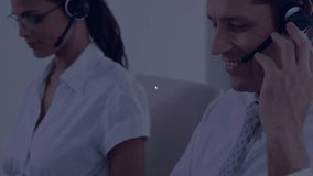 Call center reps tapping headset and activating network overlay illustrating communication flow. Customer service, collaboration, connectivity, technology, teamwork, professional, digital - Powered by Shutterstock - Get 15% off with code: PIKWIZARD15