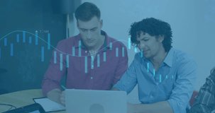 Opening laptop showing animated financial charts for review while team gesturing and jotting notes. Business, analytics, collaboration, data, innovation, modern, teamwork - Powered by Shutterstock - Get 15% off with code: PIKWIZARD15