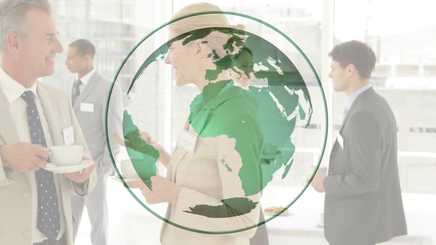 Business team networking with coffee sharing ideas with fading globe illustrating global business. Professional, networking, collaboration, international, corporate, corporate culture, communication - Powered by Shutterstock - Get 15% off with code: PIKWIZARD15