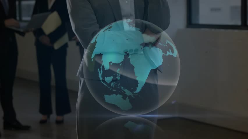 Businesswoman starting call raising smartphone while holographic globe displaying global analysis. Futuristic, technology, collaboration, innovation, digital, professional, communication - Powered by Shutterstock - Get 15% off with code: PIKWIZARD15