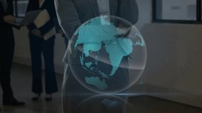 Businesswoman starting call raising smartphone while holographic globe displaying global analysis. Futuristic, technology, collaboration, innovation, digital, professional, communication - Powered by Shutterstock - Get 15% off with code: PIKWIZARD15