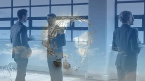 Colleagues networking in lounge initiating globe overlaying dollar bills highlighting finance. Professional, corporate, modern, financial, global, business, teamwork - Powered by Shutterstock - Get 15% off with code: PIKWIZARD15