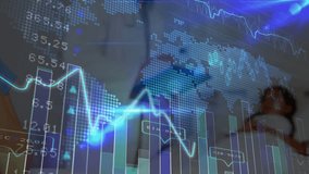 Coworkers reacting to world map data while calling and writing with line graph marking peaks. Analytics, technology, business, innovation, machinery, digital, teamwork - Powered by Shutterstock - Get 15% off with code: PIKWIZARD15