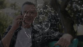 Man holding smartphone to ear using tech wireframe globe appearing lowering phone growing pensive. Technology, communication, connectivity, outdoor, contemplation, reflection, modern - Powered by Shutterstock - Get 15% off with code: PIKWIZARD15