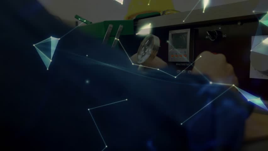 Lab technician adjusting gauge, network shapes forming rotating globe, twisting connector into port. Technology, innovation, digital, connectivity, scientific, engineering, futuristic - Powered by Shutterstock - Get 15% off with code: PIKWIZARD15