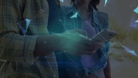 Couple raising smartphone lakeside exploring tech network forming into rotating globe. Romantic, technology, connectivity, interactive, outdoor, harmony, innovation - Powered by Shutterstock - Get 15% off with code: PIKWIZARD15