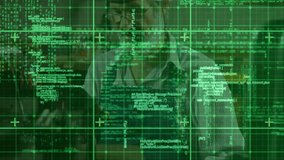 Senior mechanic lifting device and tapping while digital grid intensifying revealing tech workshop. Technology, innovation, cybersecurity, digital interface, industrial, mechanic, futuristic - Powered by Shutterstock - Get 15% off with code: PIKWIZARD15