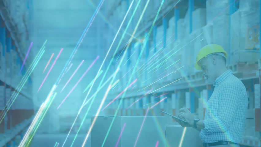 Warehouse supervisor tapping tablet screen activating light streaks confirming inventory update. Industrial, logistics, technology, productivity, management, digital, organizational - Powered by Shutterstock - Get 15% off with code: PIKWIZARD15