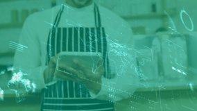 Baker tapping tablet menu, swiping and loading AR world map and data bars for ordering. Technology, innovation, digital, data, visualization, analytics, modern - Powered by Shutterstock - Get 15% off with code: PIKWIZARD15