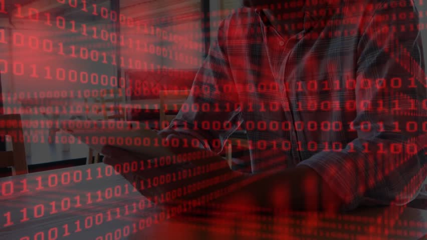 Mature technology developer typing laptop as red binary overlay floating, scanning code and smiling. Cybersecurity, coding, programming, innovation, workstation, modern, digital - Powered by Shutterstock - Get 15% off with code: PIKWIZARD15