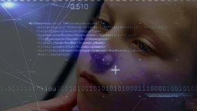 Girl holding scanner near face in lab initiating tech code overlays and analyzing facial features. Biometric, innovation, futuristic, interface, analysis, artificialintelligence, technology - Powered by Shutterstock - Get 15% off with code: PIKWIZARD15