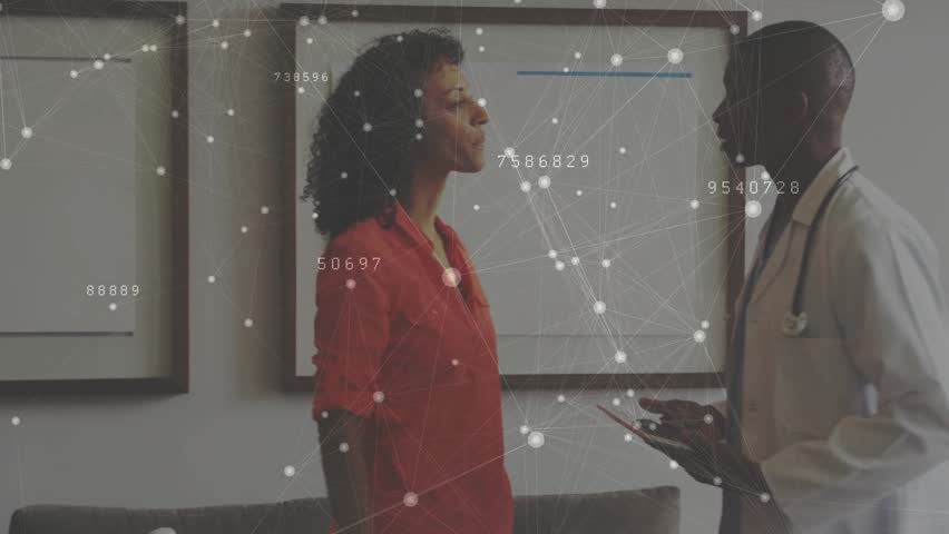 Doctor tapping tablet and showing medical data overlay as patient holding smartphone studying. Healthcare, telemedicine, digital, communication, professional, technology, consultation - Powered by Shutterstock - Get 15% off with code: PIKWIZARD15