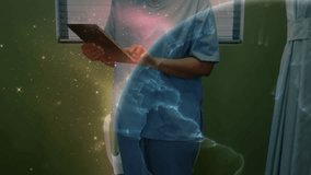 Medical professional tapping and swiping tablet generating starfield and expanding digital globe. Healthtech, hologram, futuristic, innovation, digital, medicine, science - Powered by Shutterstock - Get 15% off with code: PIKWIZARD15